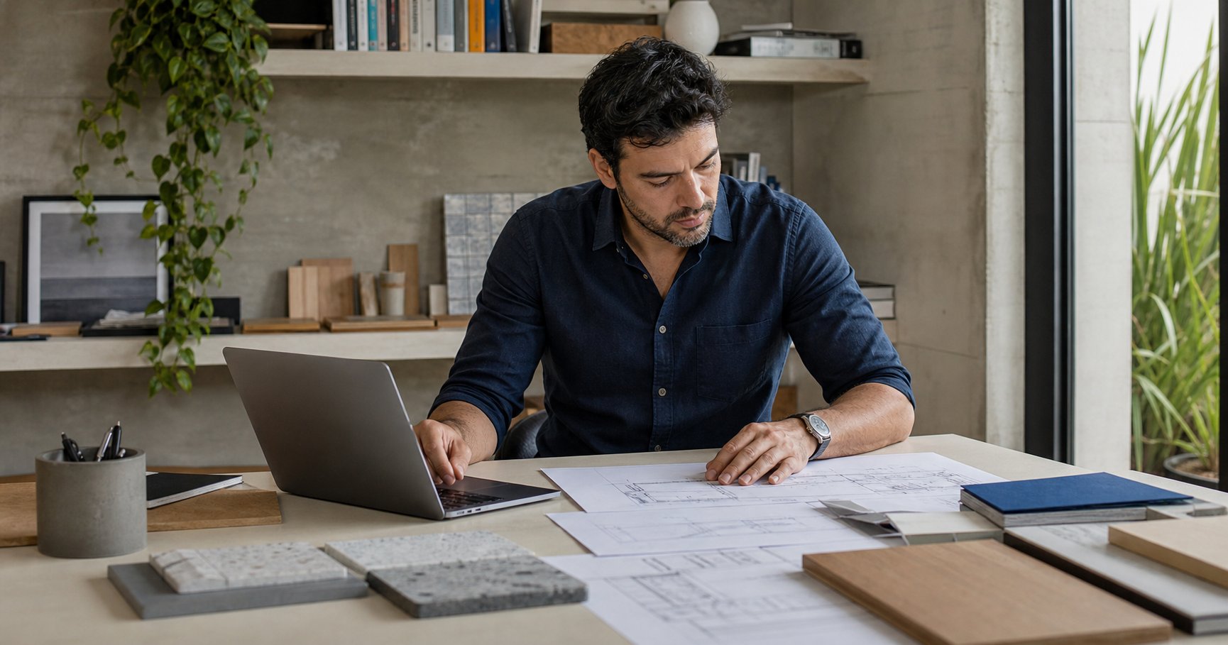 Arquiteto analisando um projeto em um estúdio contemporâneo